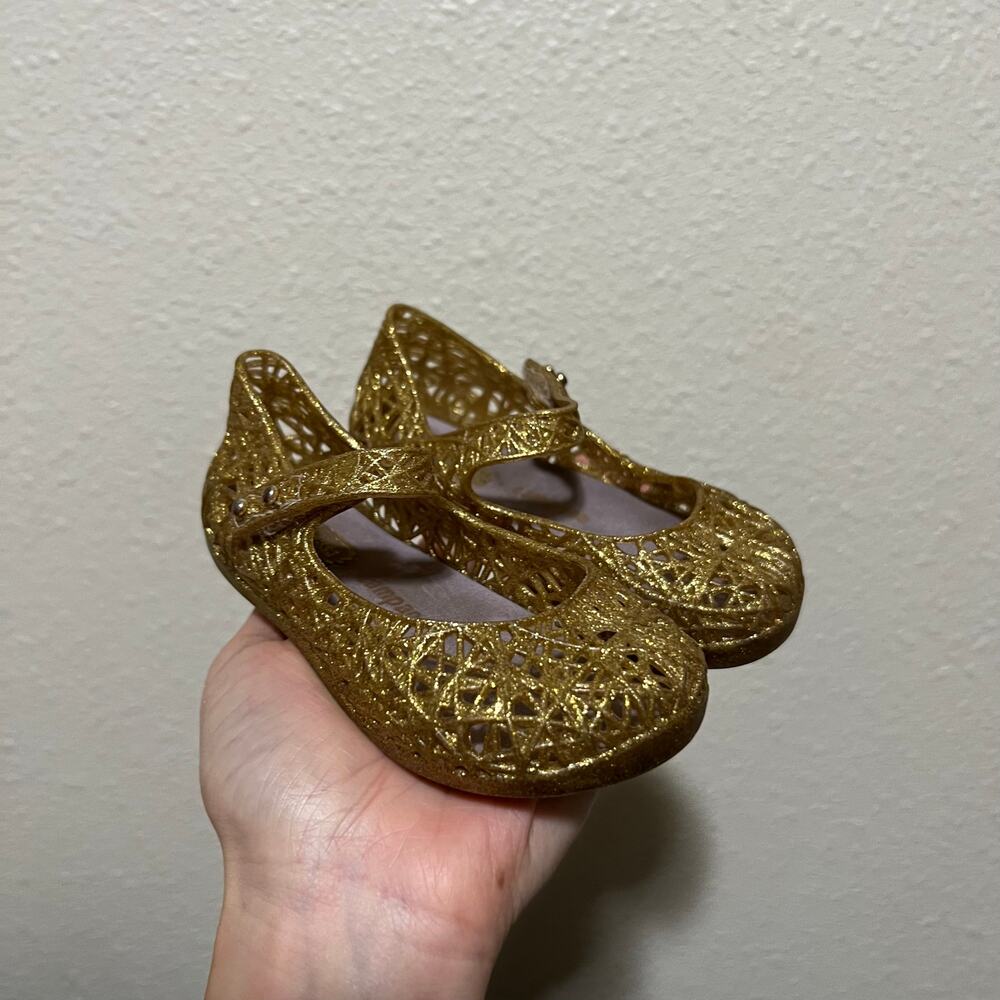 Mini Melissa + Campana Zig Zag Mary Jane Flats Shoe Glittery Gold Baby Toddler 7